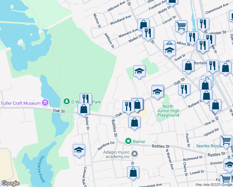 map of restaurants, bars, coffee shops, grocery stores, and more near 221 Village Way in Brockton