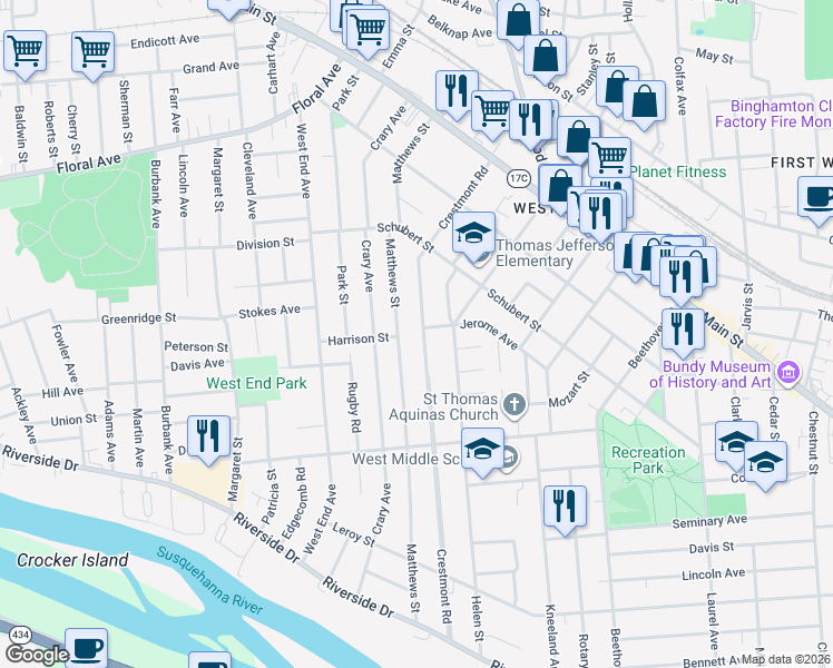 map of restaurants, bars, coffee shops, grocery stores, and more near 91 Crestmont Road in Binghamton