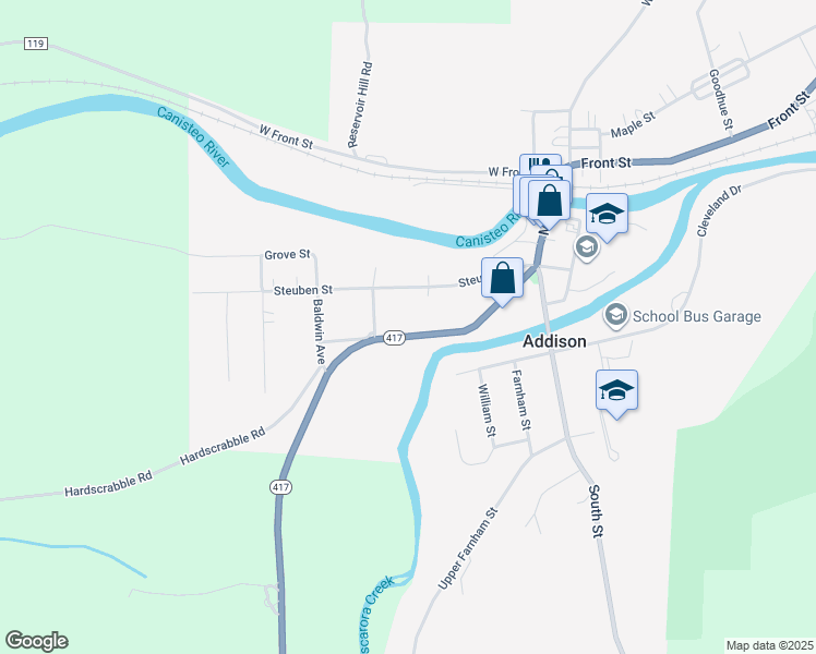map of restaurants, bars, coffee shops, grocery stores, and more near 47 Tuscarora Street in Addison