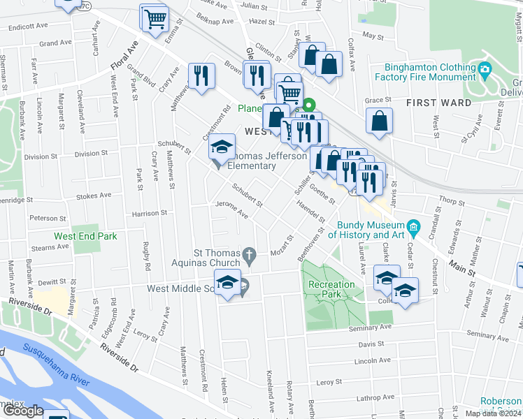 map of restaurants, bars, coffee shops, grocery stores, and more near 71 Schubert Street in Binghamton