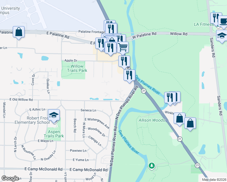 map of restaurants, bars, coffee shops, grocery stores, and more near 920 East Seminole Lane in Mount Prospect