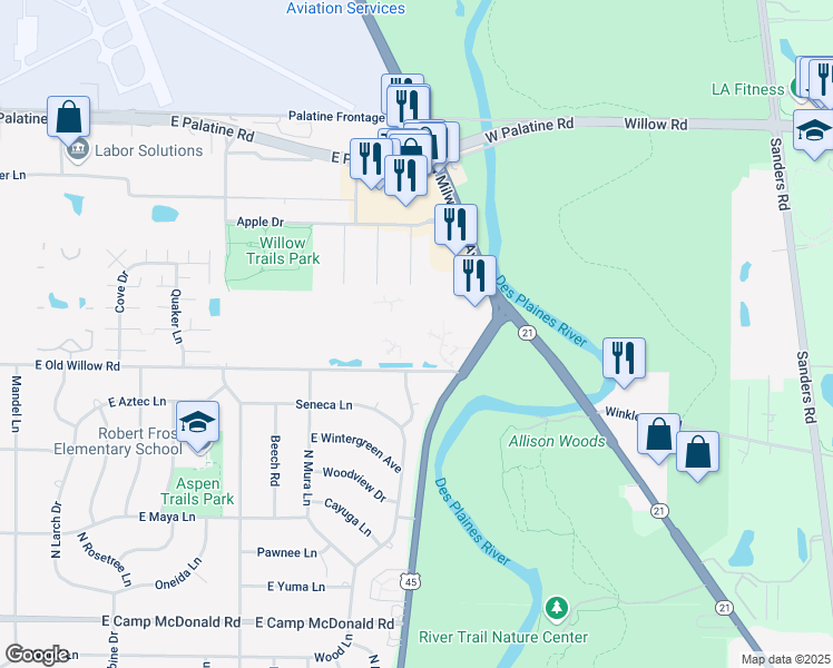 map of restaurants, bars, coffee shops, grocery stores, and more near 910 East Old Willow Road in Prospect Heights
