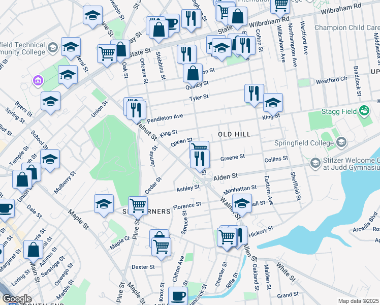 map of restaurants, bars, coffee shops, grocery stores, and more near 29 Lebanon Street in Springfield