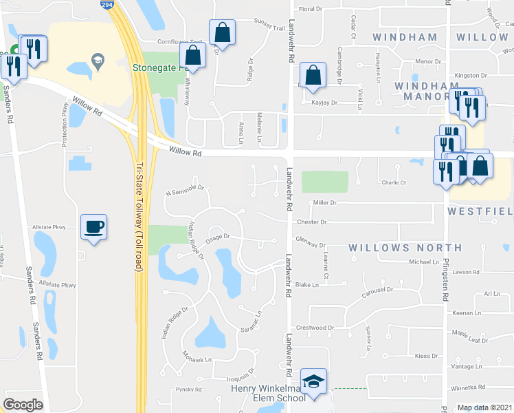 map of restaurants, bars, coffee shops, grocery stores, and more near 3260 Brookdale Lane in Northbrook