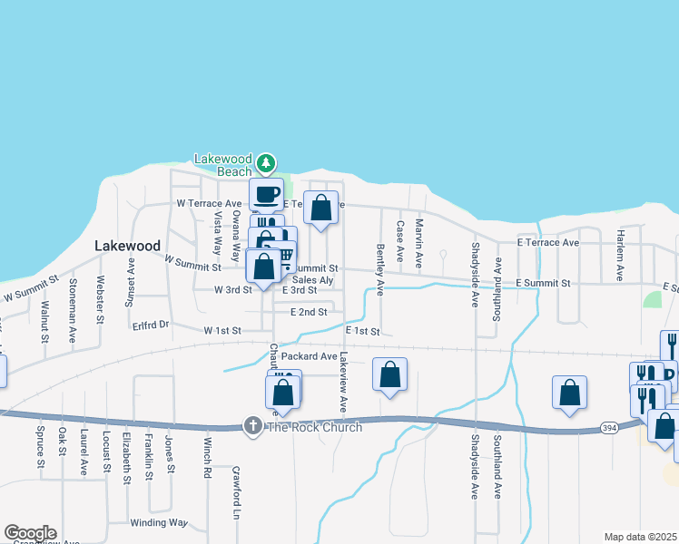 map of restaurants, bars, coffee shops, grocery stores, and more near 36 West Summit Street in Lakewood