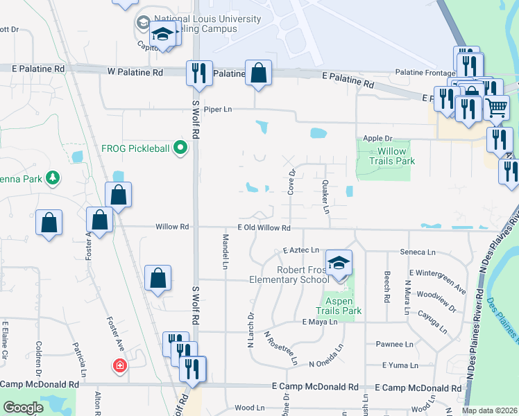 map of restaurants, bars, coffee shops, grocery stores, and more near 16 East Old Willow Road in Prospect Heights