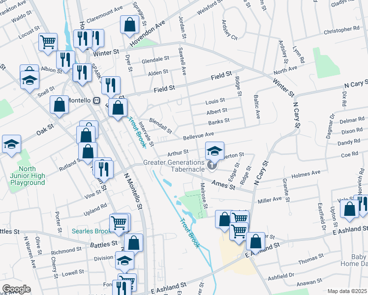 map of restaurants, bars, coffee shops, grocery stores, and more near 55 Bellevue Avenue in Brockton
