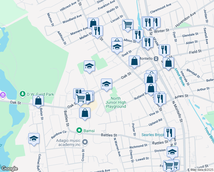 map of restaurants, bars, coffee shops, grocery stores, and more near 97 Oak Street in Brockton