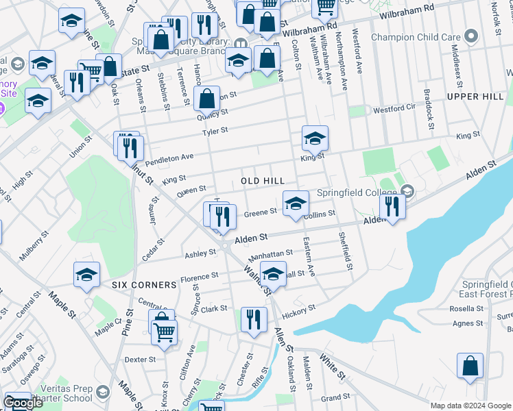 map of restaurants, bars, coffee shops, grocery stores, and more near 55 Nelson Avenue in Springfield
