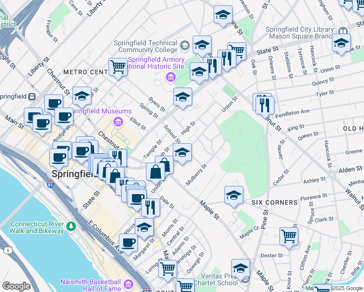 map of restaurants, bars, coffee shops, grocery stores, and more near 57 School Street in Springfield
