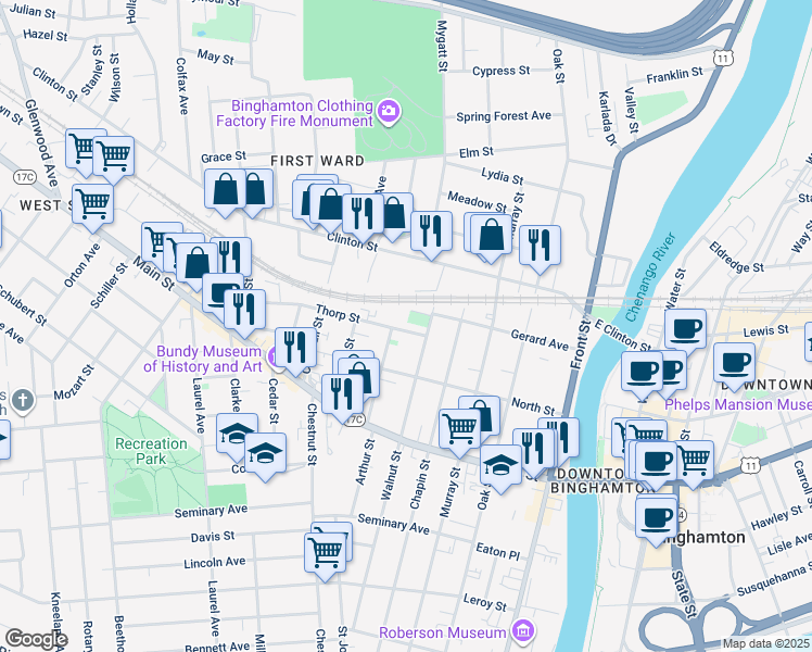 map of restaurants, bars, coffee shops, grocery stores, and more near 121 Walnut Street in Binghamton