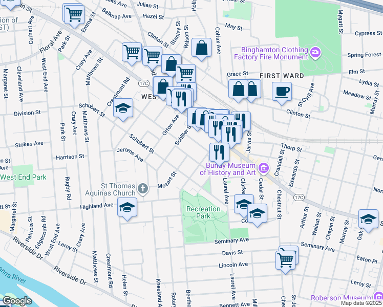 map of restaurants, bars, coffee shops, grocery stores, and more near 34 Haendel Street in Binghamton