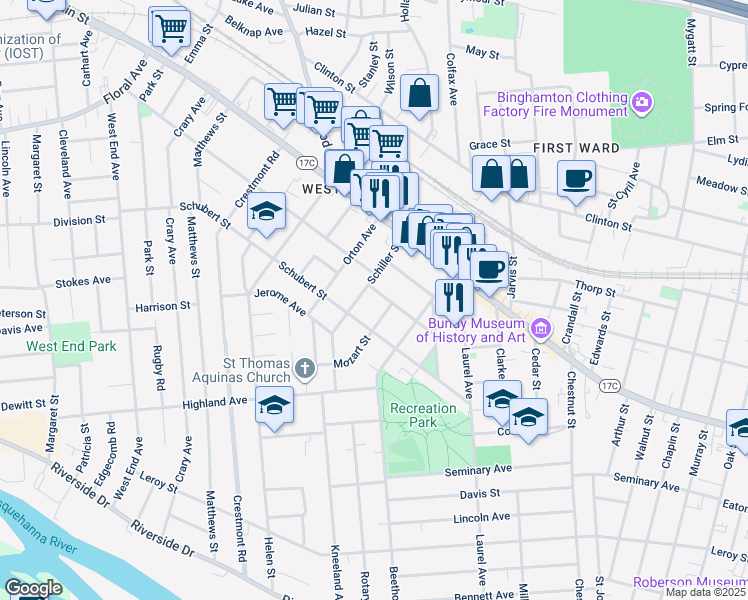 map of restaurants, bars, coffee shops, grocery stores, and more near 29 Schiller Street in Binghamton
