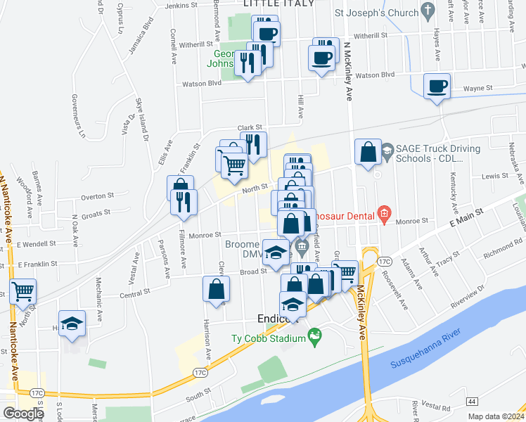 map of restaurants, bars, coffee shops, grocery stores, and more near 12 Madison Avenue in Endicott