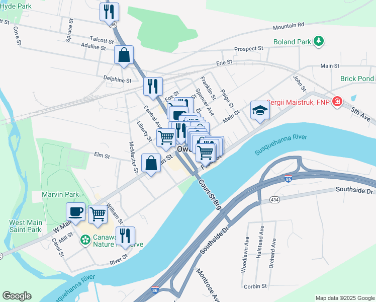 map of restaurants, bars, coffee shops, grocery stores, and more near 165 Main Street in Owego