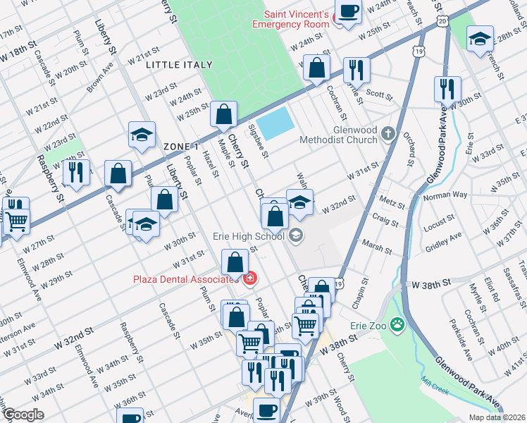 map of restaurants, bars, coffee shops, grocery stores, and more near 2931 Maple Street in Erie