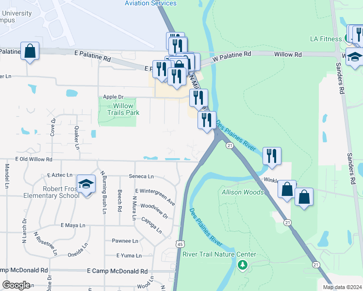 map of restaurants, bars, coffee shops, grocery stores, and more near 920 East Seminole Lane in Mount Prospect