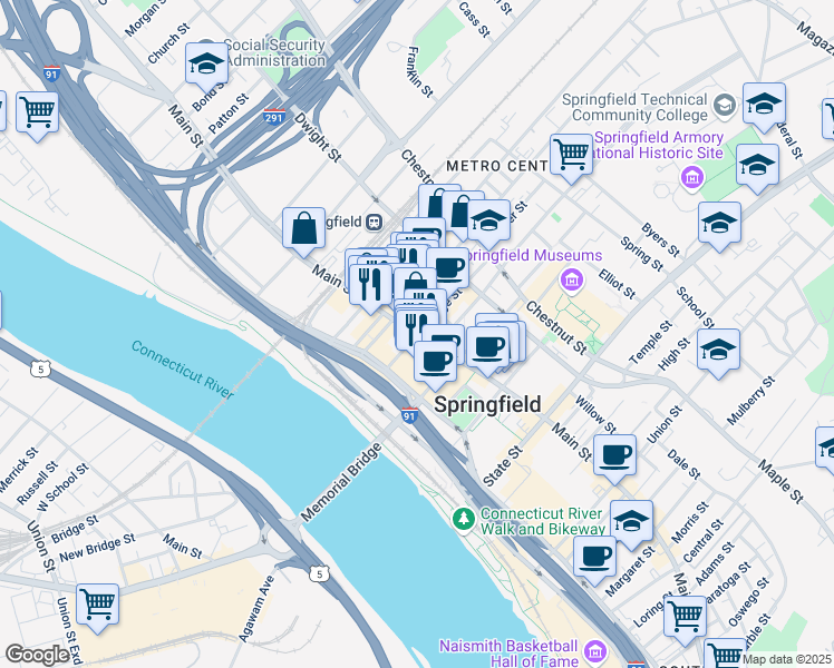 map of restaurants, bars, coffee shops, grocery stores, and more near 1500 Main Street in Springfield