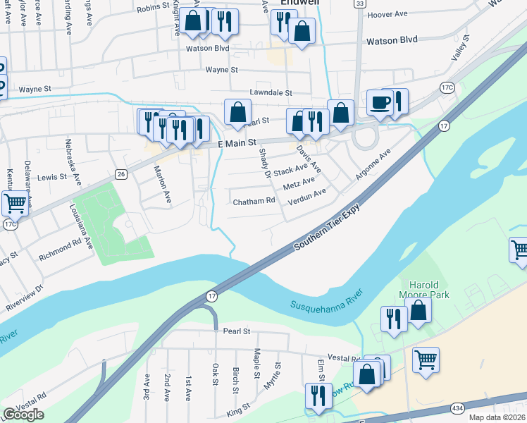 map of restaurants, bars, coffee shops, grocery stores, and more near 3106 Malverne Road in Endicott