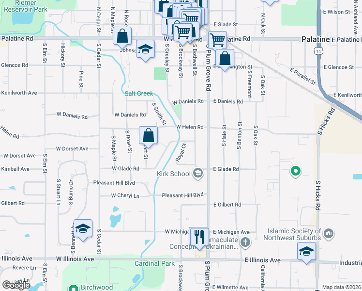 map of restaurants, bars, coffee shops, grocery stores, and more near 333 Royal Court in Palatine