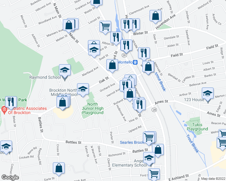 map of restaurants, bars, coffee shops, grocery stores, and more near 29 Herrod Avenue in Brockton