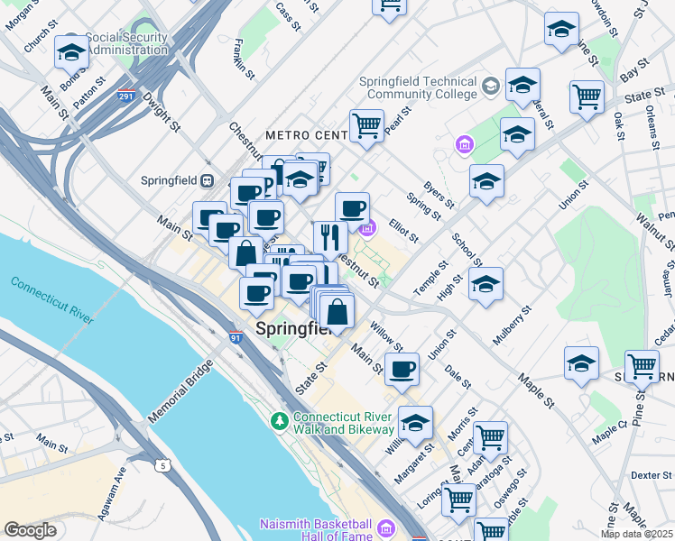 map of restaurants, bars, coffee shops, grocery stores, and more near 115-185 Dwight Street in Springfield