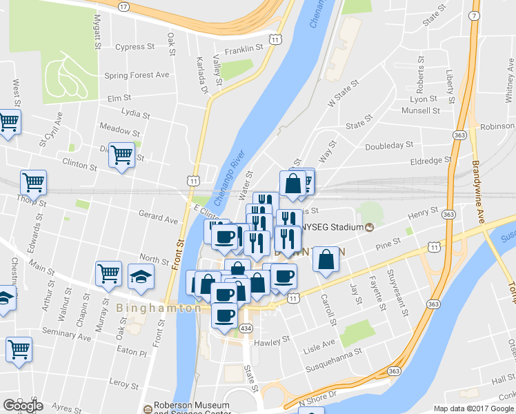 map of restaurants, bars, coffee shops, grocery stores, and more near 306 Water Street in Binghamton