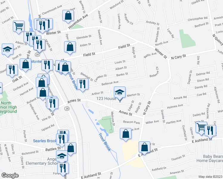 map of restaurants, bars, coffee shops, grocery stores, and more near 82 Arthur Street in Brockton