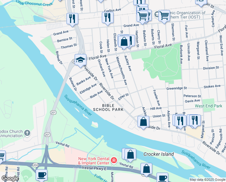map of restaurants, bars, coffee shops, grocery stores, and more near 12 Burdick Avenue in Johnson City