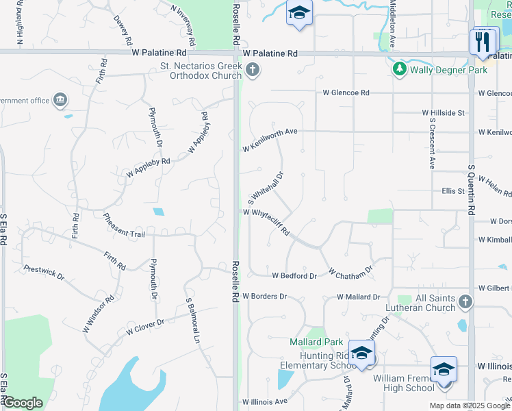 map of restaurants, bars, coffee shops, grocery stores, and more near 358 South Whitehall Drive in Palatine
