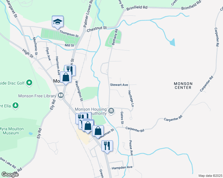 map of restaurants, bars, coffee shops, grocery stores, and more near 19 Bethany Road in Monson