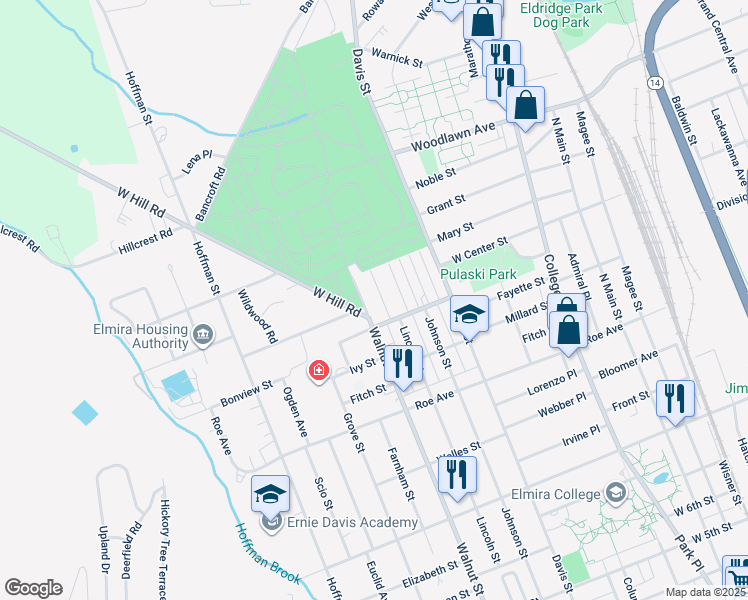 map of restaurants, bars, coffee shops, grocery stores, and more near 1110 Walnut Street in Elmira