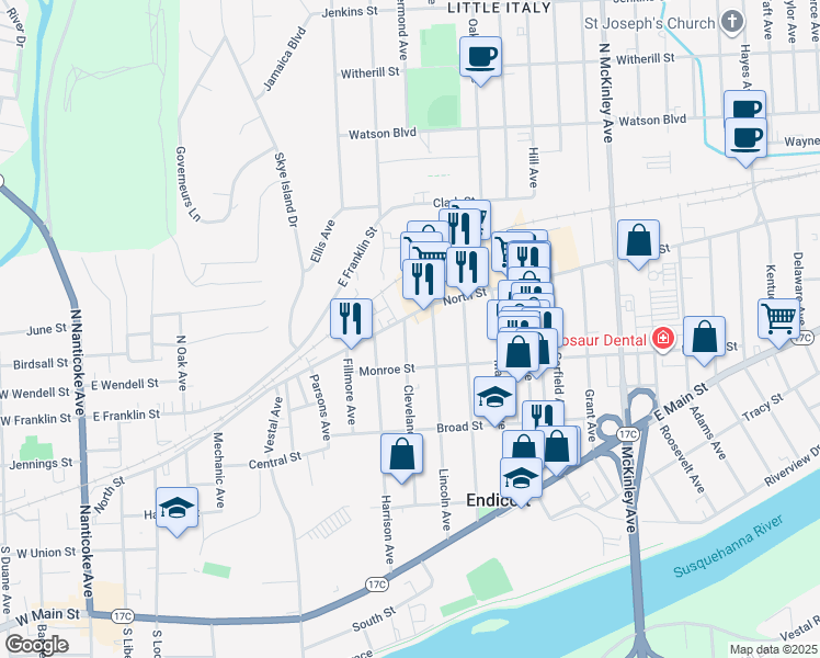 map of restaurants, bars, coffee shops, grocery stores, and more near 3 1/2 Cleveland Avenue in Endicott