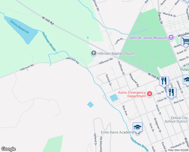 map of restaurants, bars, coffee shops, grocery stores, and more near 828 Sunset Drive in Elmira