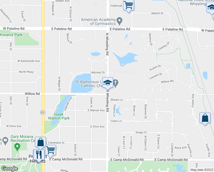 map of restaurants, bars, coffee shops, grocery stores, and more near 404 North Wheeling Road in Prospect Heights