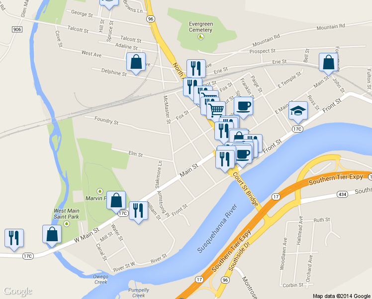 map of restaurants, bars, coffee shops, grocery stores, and more near 24 Temple Street in Owego