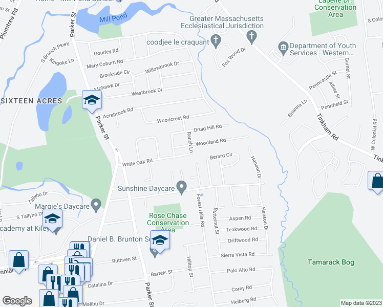 map of restaurants, bars, coffee shops, grocery stores, and more near 207 White Oak Road in Springfield