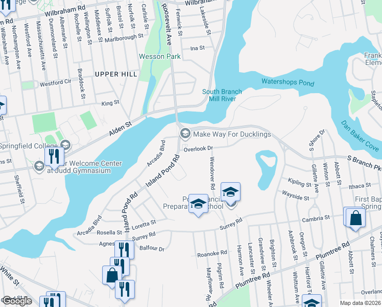 map of restaurants, bars, coffee shops, grocery stores, and more near 47 Overlook Drive in Springfield