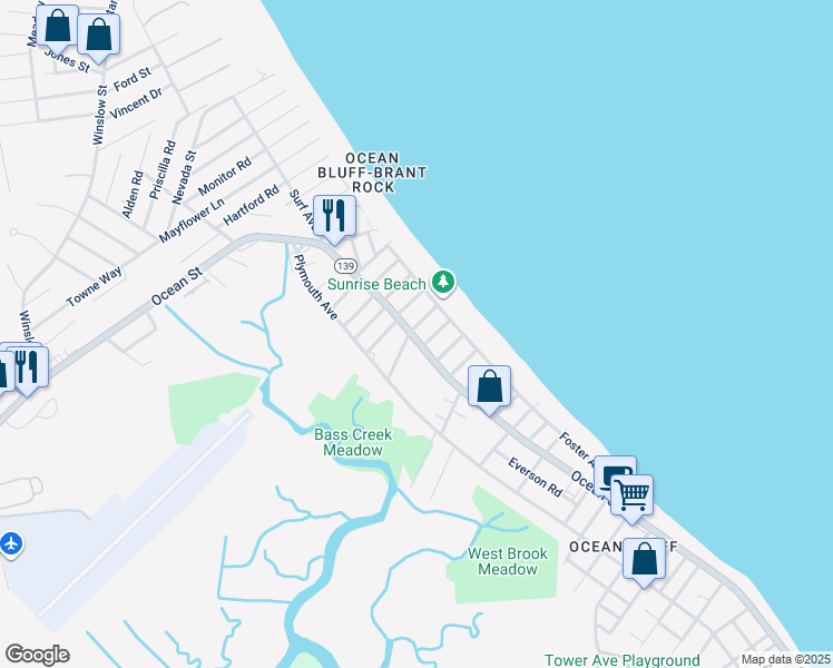 map of restaurants, bars, coffee shops, grocery stores, and more near 801 Ocean Street in Marshfield