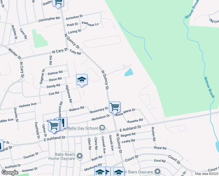 map of restaurants, bars, coffee shops, grocery stores, and more near 240 North Quincy Street in Brockton