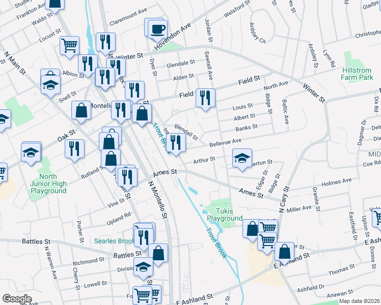 map of restaurants, bars, coffee shops, grocery stores, and more near 19 Bellevue Avenue in Brockton