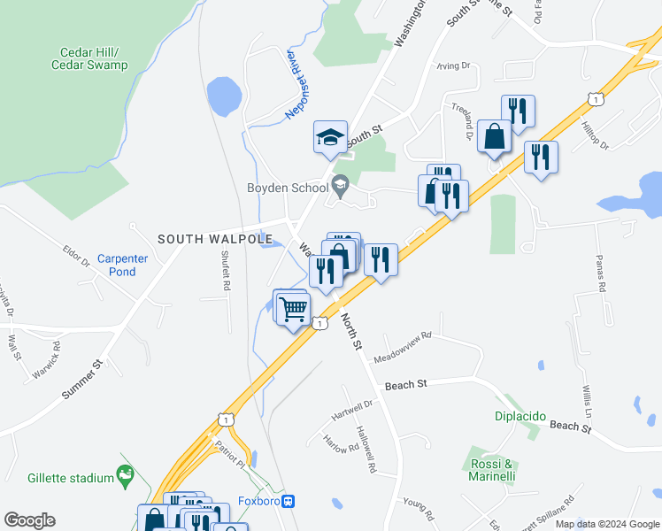 map of restaurants, bars, coffee shops, grocery stores, and more near 42 Water Street in Walpole