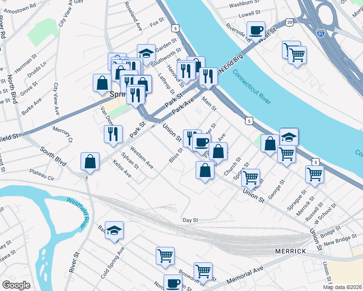 map of restaurants, bars, coffee shops, grocery stores, and more near 148 Union Street in West Springfield