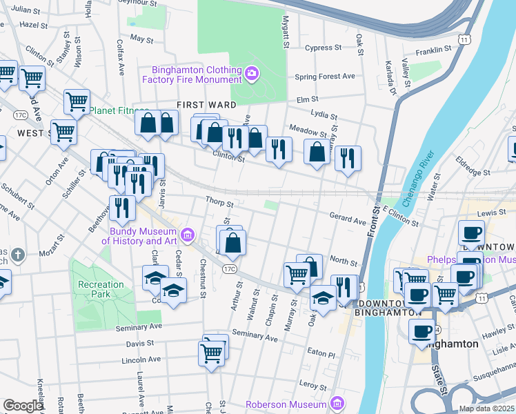 map of restaurants, bars, coffee shops, grocery stores, and more near 14 Thorp Street in Binghamton