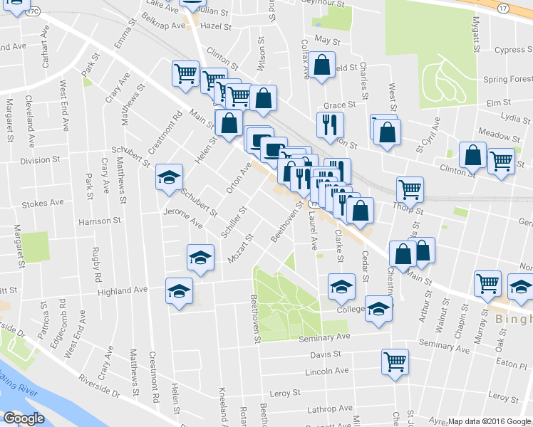 map of restaurants, bars, coffee shops, grocery stores, and more near 34 Haendel Street in Binghamton
