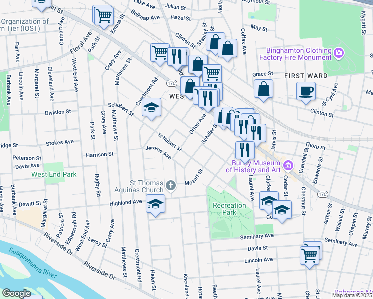 map of restaurants, bars, coffee shops, grocery stores, and more near 60 Schubert Street in Binghamton