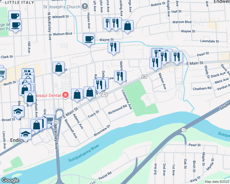 map of restaurants, bars, coffee shops, grocery stores, and more near 2301 East Main Street in Endwell
