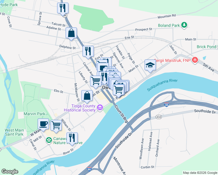 map of restaurants, bars, coffee shops, grocery stores, and more near in Owego