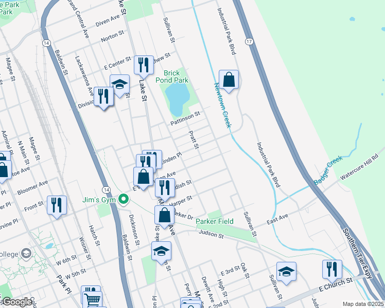 map of restaurants, bars, coffee shops, grocery stores, and more near 710 Linden Place in Elmira