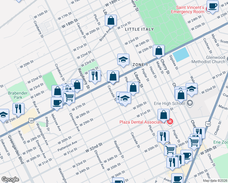 map of restaurants, bars, coffee shops, grocery stores, and more near 1002 West 27th Street in Erie